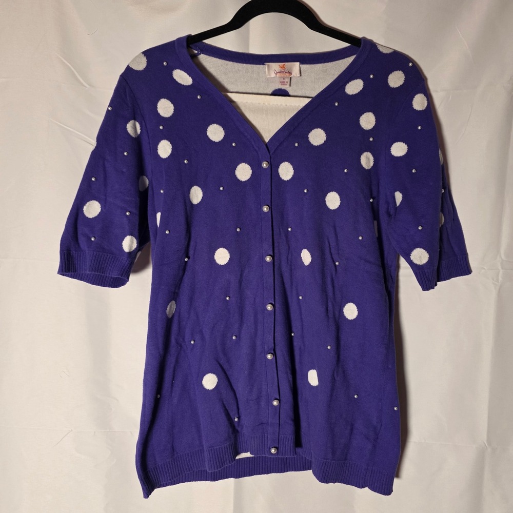 Quaker Factory Purple Polka Dot Cardigan Sweater Short Sleeve Pearl Embellished